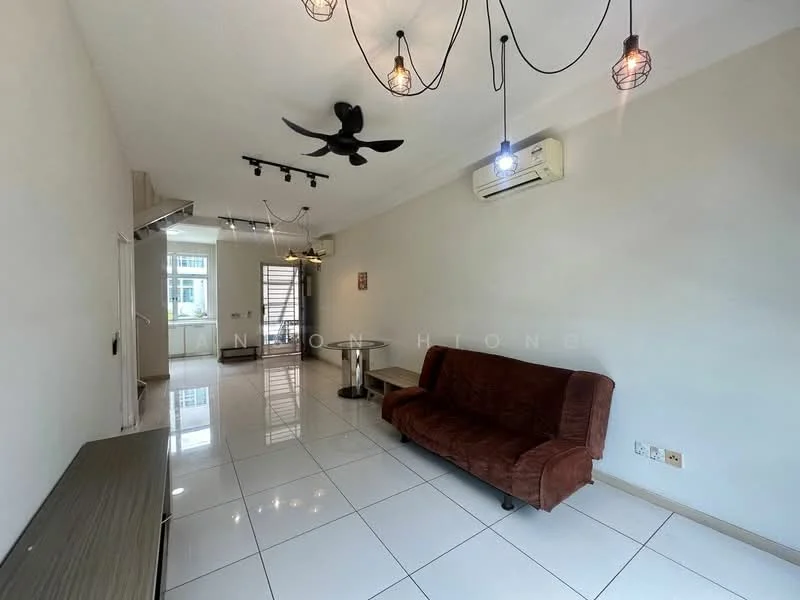 Living features: 3-seater fabric sofa in brown, white tiled flooring, ceiling fan with light, recessed downlights, wall-mounted split AC, decorative pendant lights, TV console, coffee table, open layout to kitchen, large windows for natural light; style: modern.