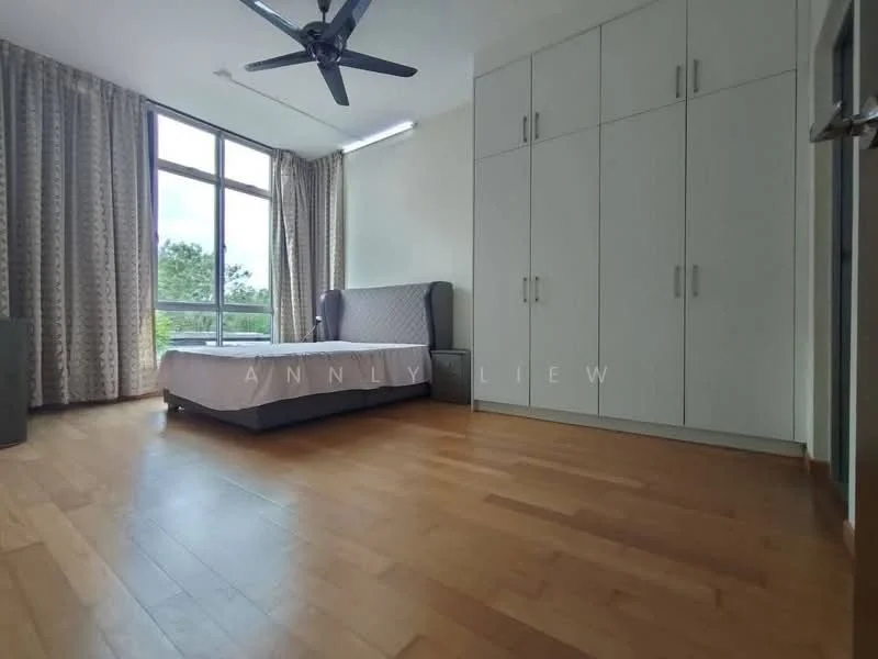 Bedroom features: queen-size bed, upholstered headboard, wooden flooring, floor-to-ceiling windows, sheer curtains, ceiling fan, built-in wardrobe with sliding doors, decorative wall paneling; style: modern; view: garden.