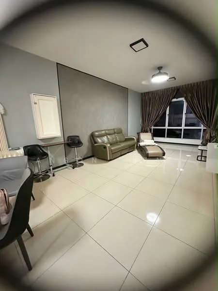 Living features: grey painted walls, cream tiled flooring, 5-blade ceiling fan with light, sofa in olive green, armchair with footrest, dining table with black chairs, floor-to-ceiling windows, curtains in brown, decorative wall panel, wall-mounted light fixture; style: modern; view: city.