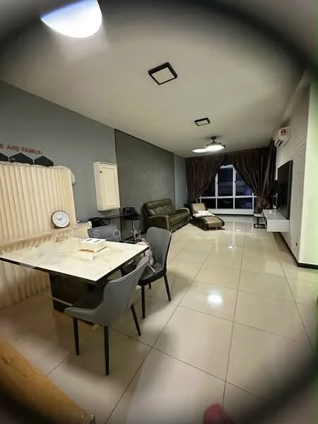 Living features: cream painted walls, grey accent wall, glossy tile flooring, 5-blade ceiling fan with light, sofa in dark green leather, coffee table, TV console, wall-mounted TV, floor-to-ceiling windows with curtains, dining table with marble top, 4 dining chairs, air conditioning unit; style: modern; view: city.