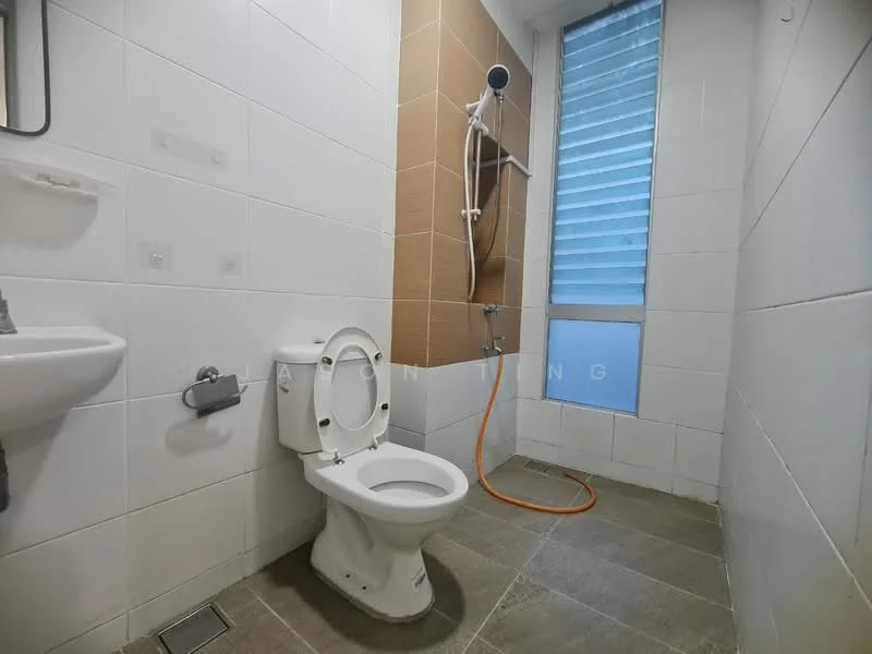 Bathroom features: white tiled walls, brown accent wall, grey ceramic tile flooring, one-piece toilet, wall-mounted sink, mirror above sink, shower with handheld shower head, window with horizontal slats; style: modern.