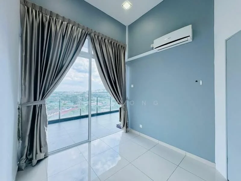 Room features: floor-to-ceiling windows, sliding glass door, grey painted walls, white ceiling, recessed downlights, curtains, 1 wall-mounted split AC, glossy tile flooring; style: modern; view: city.