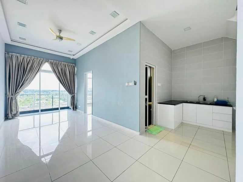 Living features: large floor-to-ceiling windows, grey accent wall, white painted walls, polished ceramic tile flooring, 5-blade ceiling fan with light, curtains, recessed downlights, open layout, sliding glass door, view of the city, kitchenette area with countertop, white cabinetry; style: modern; view: city.