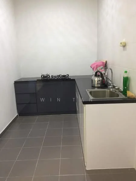 Kitchen features: black granite countertop, white cabinetry, stainless-steel single-bowl sink, chrome pull-down faucet, 2-burner gas hob, kettle, green bottle, pink cloth, grey tiled flooring, white painted walls, wall-mounted electrical outlet; style: modern.