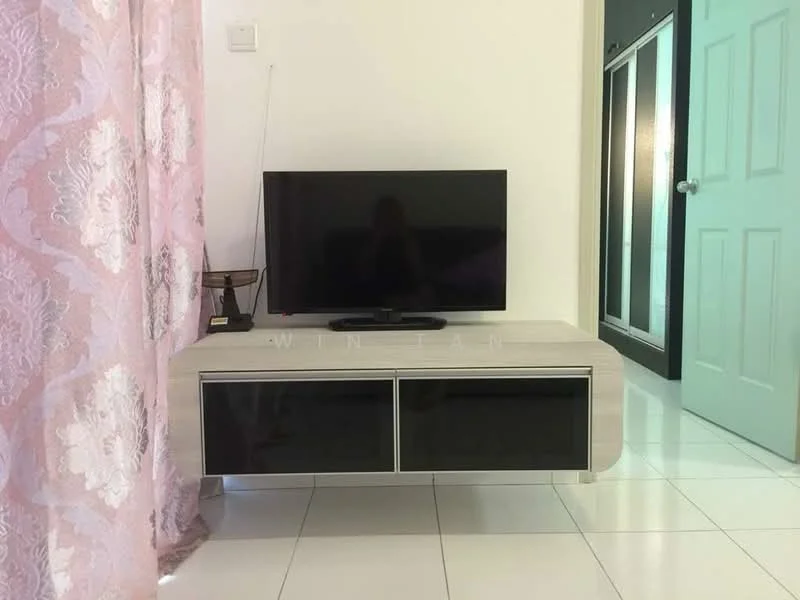Living features: flat-screen TV on wall-mounted console, light wood console with black glass doors, white tiled flooring, pink patterned curtains, neutral wall color, door leading to another room, light switch on wall, minimalist decor; style: modern.
