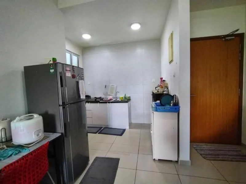 Kitchen features: stainless-steel fridge, built-in gas stove, white tiled backsplash, white cabinets, countertop with sink, grey floor tiles, recessed ceiling lights, window for natural light, kitchen mat, microwave, rice cooker, dish rack; style: modern.