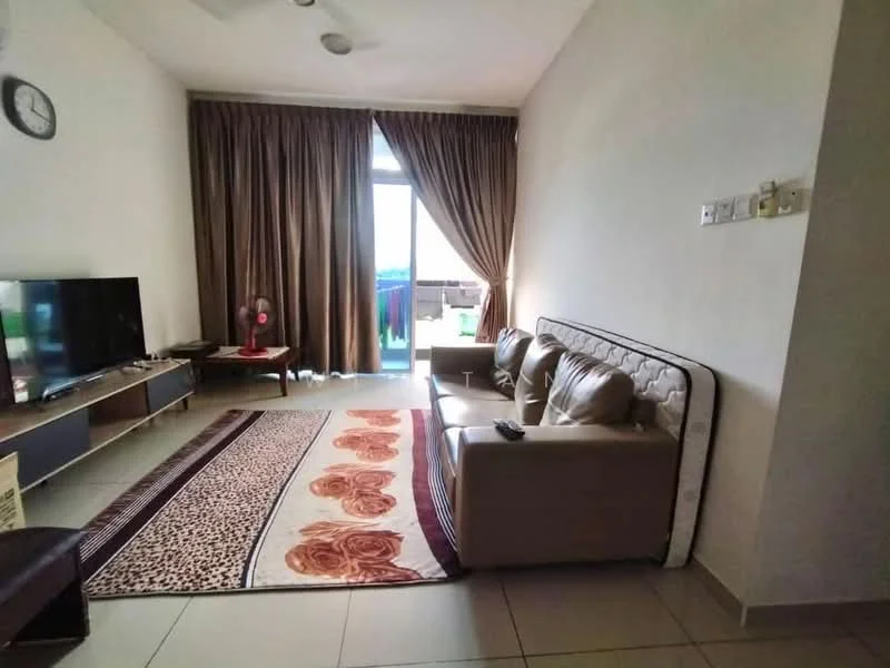 Living features: cream painted walls, white ceiling, floor-to-ceiling windows, sliding glass door, beige leather sofa, area rug with floral pattern, TV console, wall-mounted TV, ceiling fan, curtains, decorative wall clock; style: modern; view: city.