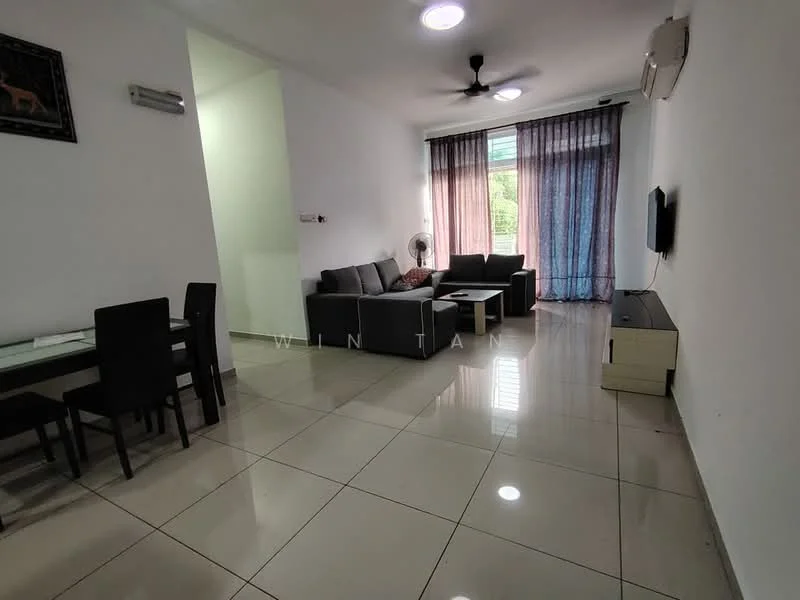 Living features: grey fabric sofa, 3-seater sofa, ceiling fan, wall-mounted TV, TV console, coffee table, large windows with sheer curtains, white painted walls, glossy tile flooring, recessed lighting; style: modern; view: garden. Dining features: 4-seater dining table, black dining chairs, white painted walls, glossy tile flooring; style: modern.