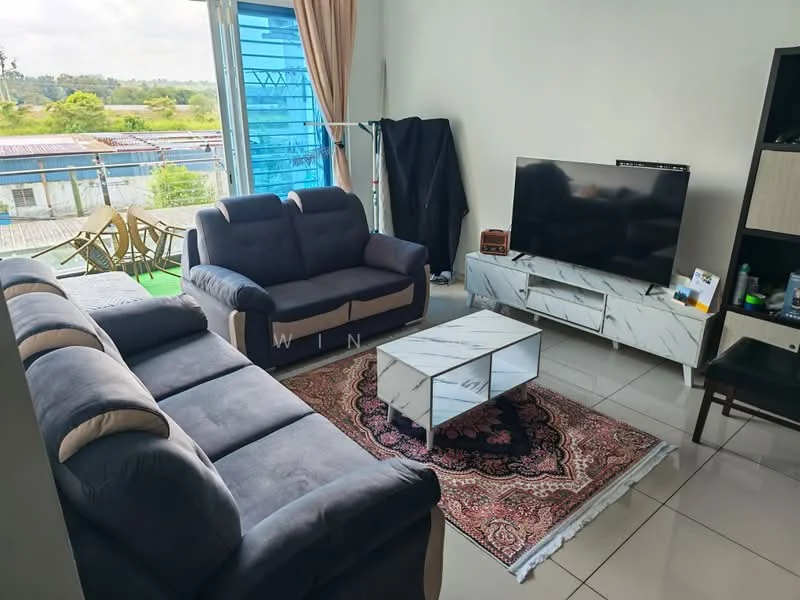 Living features: 3-seater fabric sofa in dark grey, 2-seater fabric sofa in dark grey, coffee table with marble top, area rug with traditional pattern, wall-mounted TV, TV console with storage, floor-to-ceiling windows, curtains in light beige, white painted walls, ceramic tile flooring, decorative wall art, greenery view from window; style: modern; view: garden.
