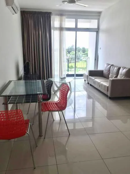 Living features: floor-to-ceiling windows, sliding glass door, curtains, 3-seater leather sofa in light beige, glass dining table, 4 red plastic dining chairs, wall-mounted TV, 1 wall-mounted split AC, polished ceramic tile flooring, white painted walls, ceiling fan with light; style: modern; view: garden.