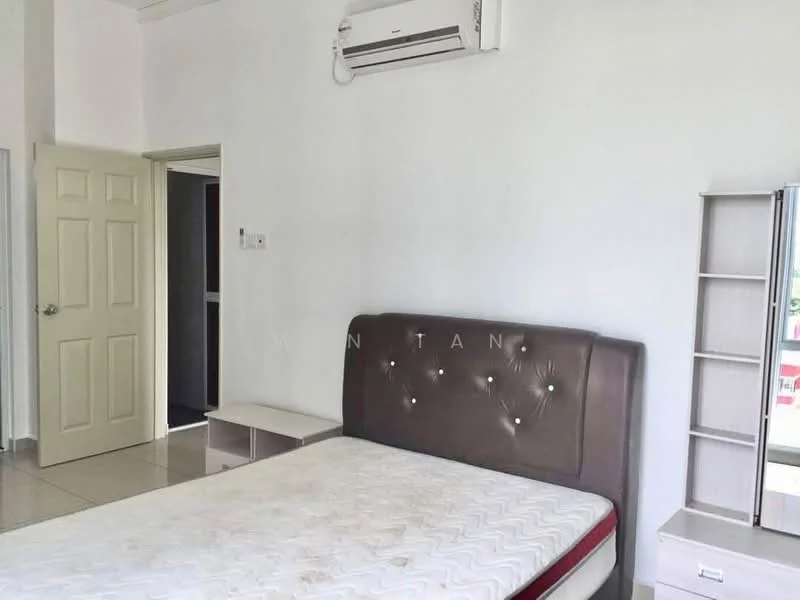 Bedroom features: queen-size bed with upholstered headboard, white walls, tile flooring, 1 wall-mounted split AC, built-in wardrobe, nightstand, door to hallway, window with view to outside; style: modern.