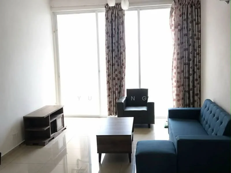 Living features: blue fabric sofa, coffee table, wooden TV console, floor-to-ceiling windows, sheer curtains, patterned drapes, polished tile flooring, ceiling light fixture; style: modern; view: city.
