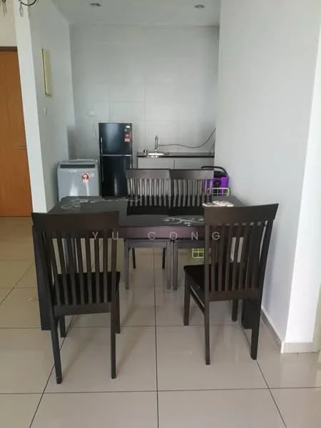 Dining features: dark wooden dining table, 4 dining chairs, ceramic tile flooring, white painted walls, refrigerator, kitchen counter, sink, wall-mounted cabinets, light fixtures, open layout; style: modern.