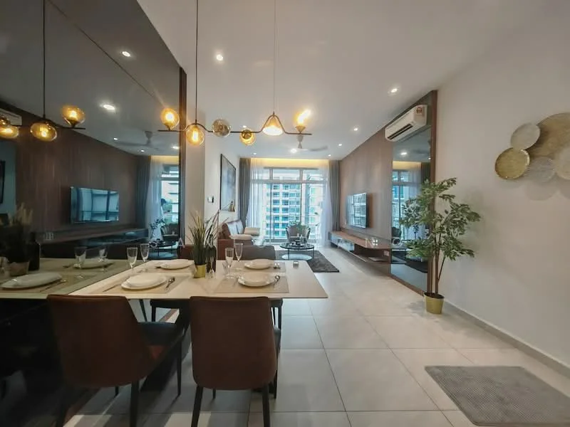 Dining features: 6-seater dining table, upholstered dining chairs, decorative pendant lighting, glassware on the table, table setting with plates and cutlery, wooden accent wall, mirrored wall, floor-to-ceiling windows, plant in ceramic pot, area rug, wall-mounted TV, sofa in living area visible; style: modern; view: city.