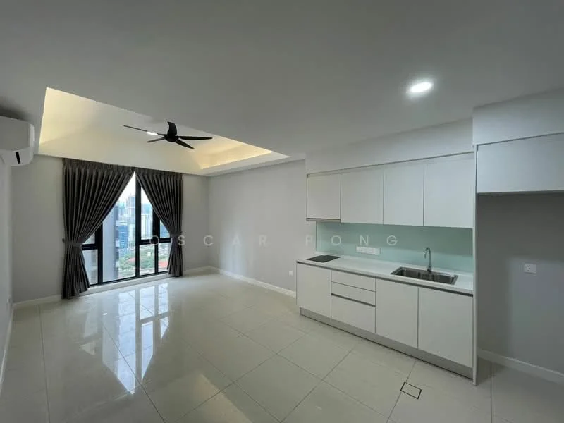 Kitchen features: white cabinetry, single-bowl stainless-steel sink, chrome pull-down faucet, white quartz countertop, glass backsplash, built-in oven, freestanding range oven, recessed downlights, floor-to-ceiling windows, grey curtains, marble tile flooring, ceiling fan with light, open layout; style: modern; view: city.