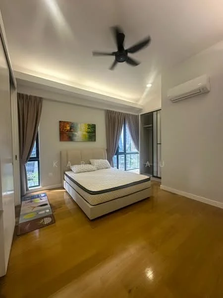 Bedroom features: queen-size bed, upholstered headboard, 2 bedside lamps, built-in wardrobe, floor-to-ceiling windows, curtains, wooden flooring, 5-blade ceiling fan with light, wall-mounted split AC, decorative artwork, recessed lighting, neutral wall color; style: modern; view: garden.