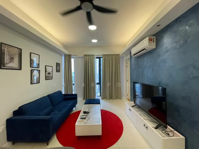Living features: 3-seater fabric sofa in blue, coffee table with storage, wall-mounted TV, TV console with drawers, red circular area rug, ceiling fan with light, recessed downlights, floor-to-ceiling windows with sheer curtains, white painted walls, accent wall with textured blue finish, air conditioning unit; style: modern; view: city.