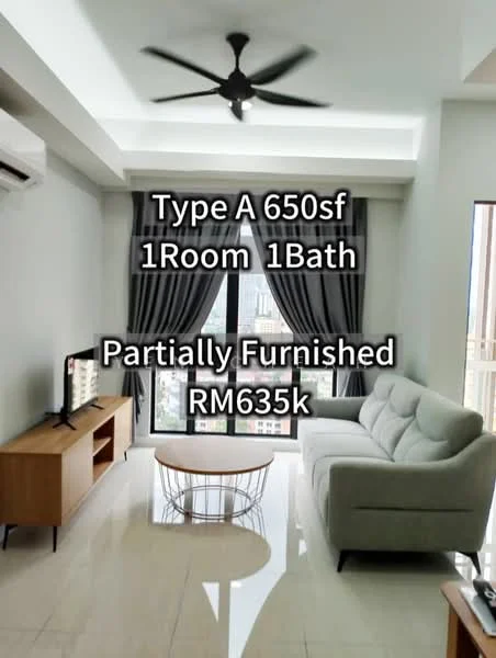Living features: 3-seater fabric sofa in light grey, wooden coffee table, wall-mounted TV, TV console, floor-to-ceiling windows, curtains, marble tile flooring, ceiling fan with light, air conditioning unit, decorative wall art; style: modern; view: city.