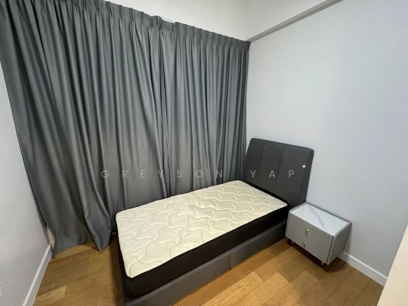 Bedroom features: single bed frame with mattress, grey upholstered headboard, nightstand with marble top, grey curtains, wooden flooring, white painted walls; style: modern.