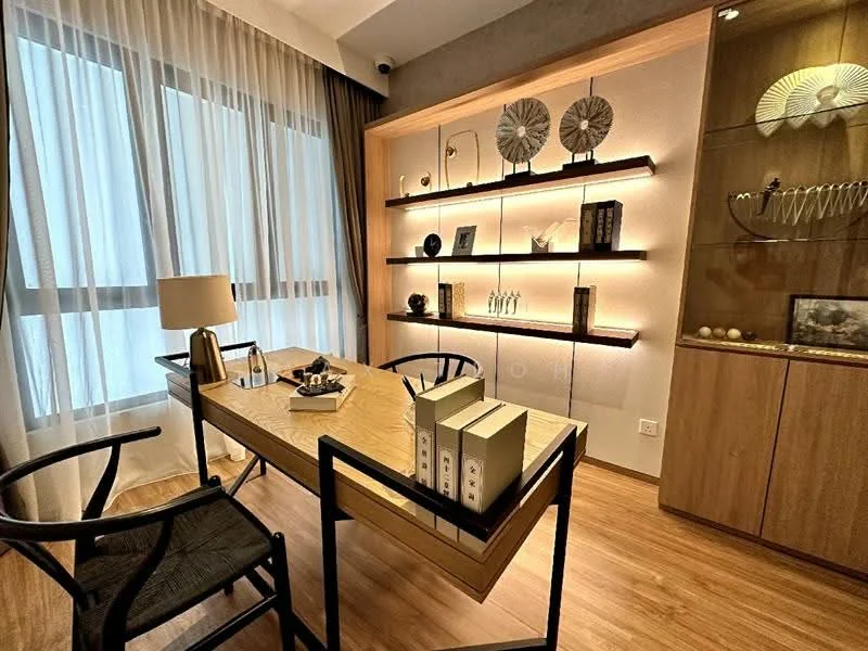 Study features: wooden desk, black chair, shelves with decorative items, table lamp, wooden flooring, floor-to-ceiling windows with sheer curtains, wall-mounted lighting, decorative wall panel, glass display cabinet; style: modern.
