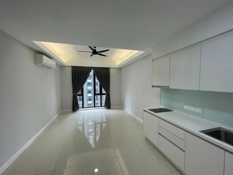 Living features: white painted walls, glossy ceramic tile flooring, tray ceiling with recessed lighting, 5-blade ceiling fan, floor-to-ceiling windows, blackout curtains, kitchenette with white cabinetry, stainless-steel sink, chrome pull-down faucet, light green backsplash; style: modern; view: city.