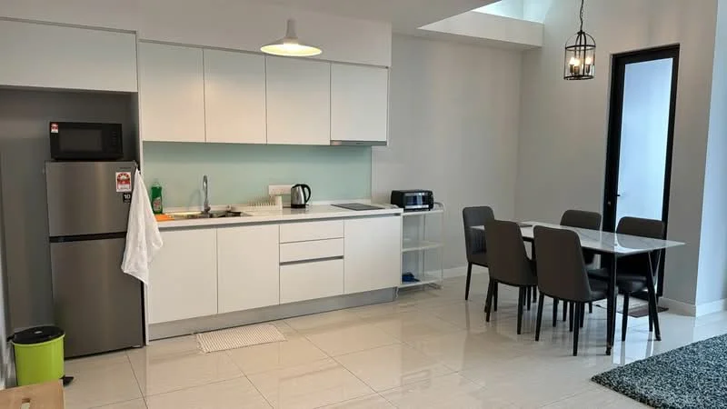 Kitchen features: white cabinetry, grey backsplash, stainless-steel sink, chrome pull-down faucet, built-in microwave, freestanding range oven, stainless-steel fridge, kitchen island, 4-seater dining table, grey dining chairs, pendant light, tile flooring, window with natural light, open layout; style: modern.