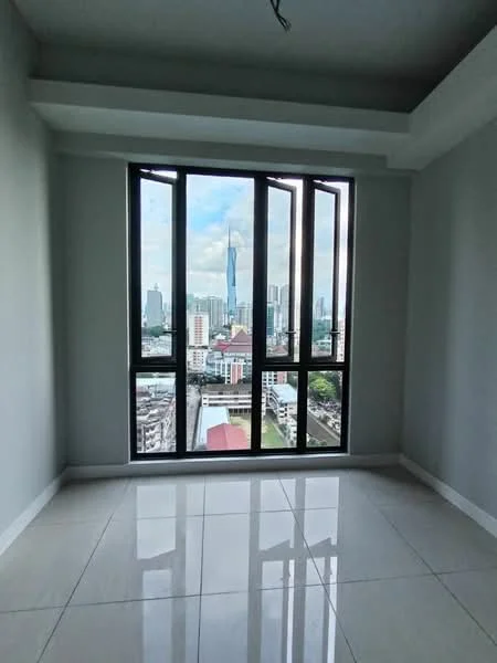 Room features: large floor-to-ceiling windows, grey painted walls, white ceiling, polished ceramic tile flooring, city skyline view; style: modern; view: city.