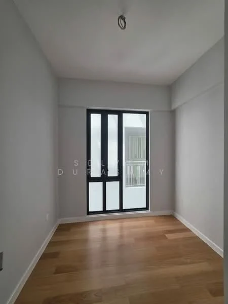 Room features: white painted walls, wooden flooring, floor-to-ceiling windows, black window frames, natural light from window, minimalist design, no visible furniture, neutral color palette; style: modern.