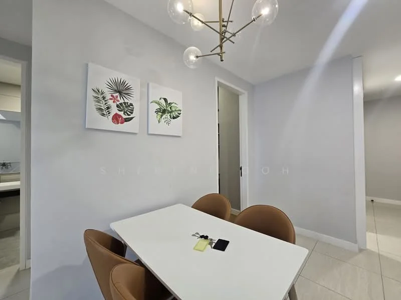 Dining features: white dining table, 4 brown upholstered dining chairs, chandelier with globe bulbs, light grey painted walls, framed botanical artwork, tile flooring, doorway leading to another room; style: modern.