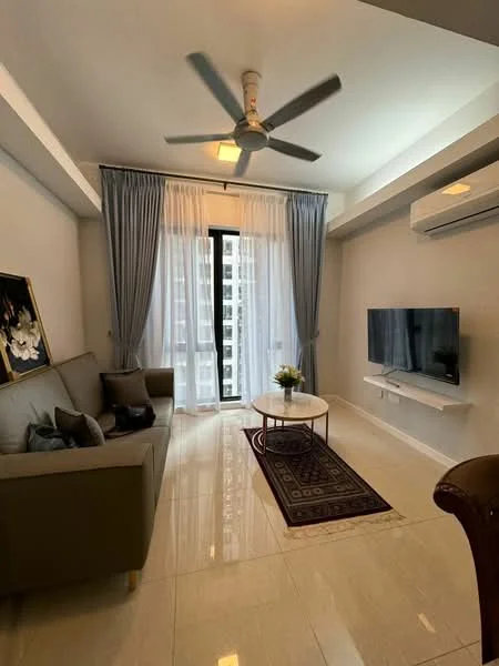 Living features: 3-seater fabric sofa in grey, coffee table, wall-mounted TV, area rug with geometric pattern, 5-blade ceiling fan with light, floor-to-ceiling windows, sheer curtains, blackout curtains, light-colored walls, glossy tile flooring, decorative wall art, potted plant; style: modern; view: city.