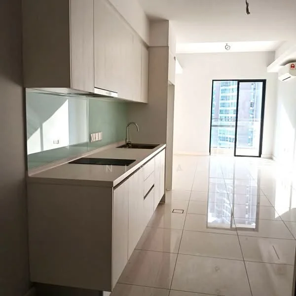 Kitchen features: white shaker cabinets, single-bowl stainless-steel sink, chrome pull-down faucet, white quartz countertop, back-painted glass backsplash, built-in oven, freestanding range oven, ceramic tile flooring, recessed downlights, floor-to-ceiling windows, sliding glass door, wall-mounted split AC; style: modern; view: city. Room features: white painted walls, large windows, natural light.