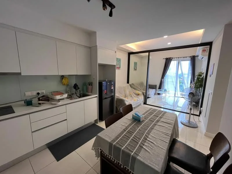 Kitchen features: white cabinetry, stainless-steel fridge, built-in oven, 4-burner gas hob, single-bowl stainless-steel sink, chrome pull-down faucet, grey countertop, tile backsplash, wall-mounted cabinets, open shelving; style: modern. Living features: sofa with throw blankets, floor-to-ceiling windows, sliding glass door, ceiling fan, area rug, coffee table; style: modern; view: city.