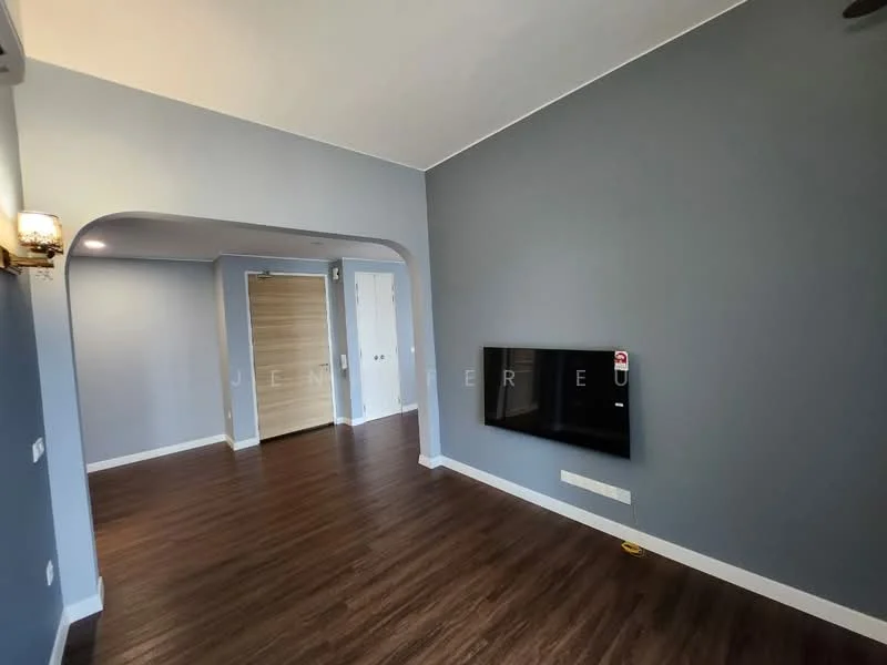Living features: grey painted walls, laminate flooring, wall-mounted TV, arched doorway, light fixture on wall, baseboard, doorway leading to other rooms, window with natural light; style: modern.