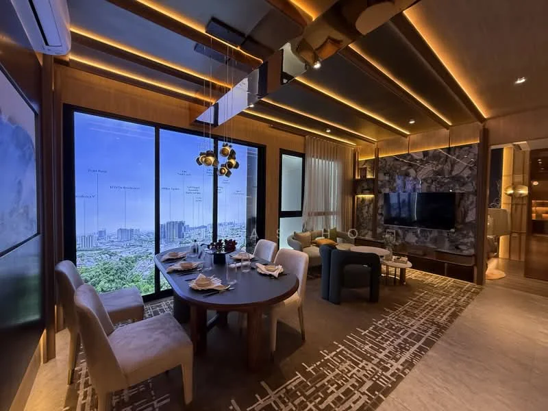 Dining features: round dining table, upholstered dining chairs, decorative centerpiece on table, floor-to-ceiling windows, city view, wood paneling on walls, recessed LED downlights, pendant lighting above table, wall-mounted TV, textured wall feature, carpet flooring with geometric pattern, curtains, air conditioning unit; style: modern; view: city.