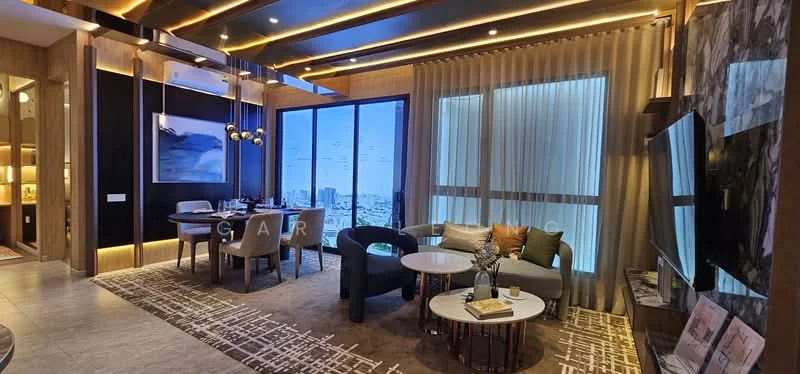 Living features: floor-to-ceiling windows, grey fabric sofa, round coffee table, area rug with geometric pattern, wall-mounted TV, wooden TV console, recessed LED downlights, decorative wall paneling, dining table with chairs, curtains, decorative vase, framed artwork; style: modern; view: city.