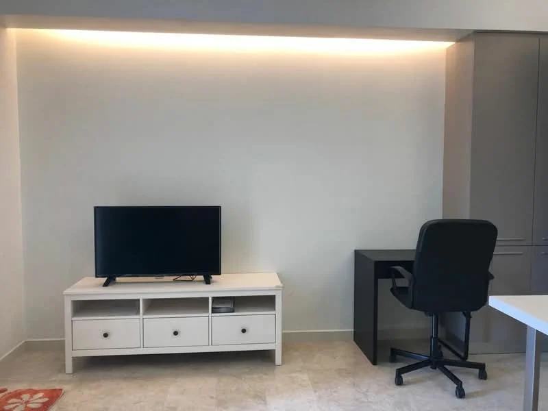 Living features: white TV console with drawers, black flat-screen TV, black office chair, desk, light-colored flooring, wall with recessed lighting, neutral painted walls, area rug with floral pattern; style: modern.