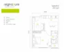 Floor plan: 2-bedroom 1-bathroom unit; features: open-plan kitchen-dining-living, master bedroom with ensuite bathroom, balcony off living room, utility room, laundry area, central foyer.