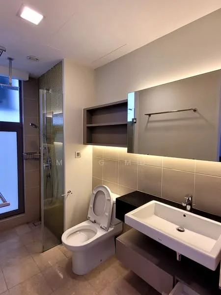 Bathroom features: walk-in shower with glass enclosure, chrome handheld shower, single-sink vanity with black countertop, white ceramic sink, chrome basin mixer faucet, framed mirror, one-piece toilet, tile cladding on walls, stone tile flooring, recessed LED downlights, built-in shelving, glass partition; style: modern.