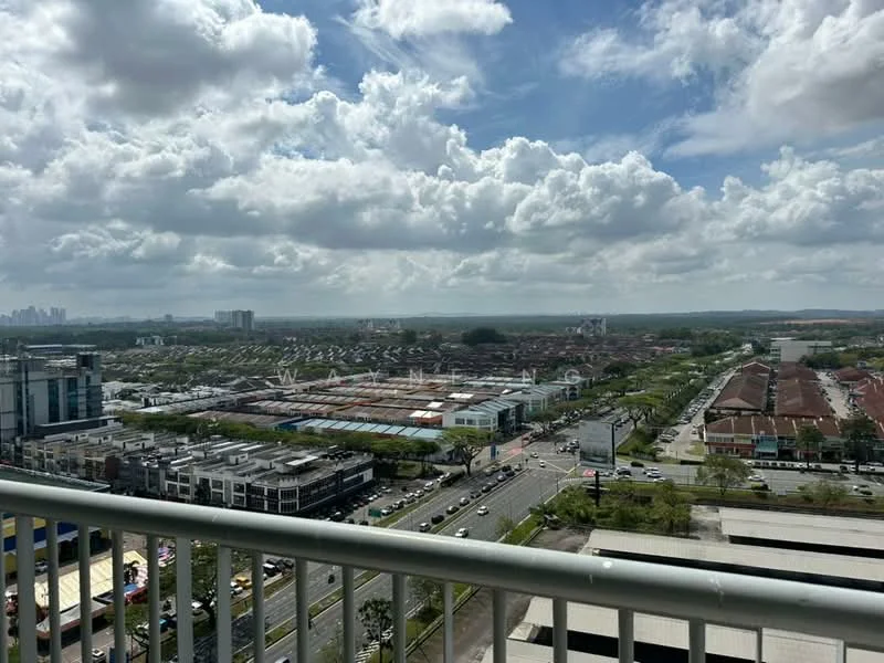 Exterior type: high-rise condominium; features: city skyline view, surrounded by residential areas, visible road with traffic, green landscaping, cloudy sky, distant hills, multi-storey buildings in the background; style: modern.