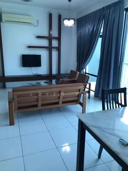 Living features: 3-seater wooden sofa, coffee table, wall-mounted TV, wooden TV console, white tiled flooring, floor-to-ceiling windows, grey curtains, 1 wall-mounted split AC, decorative wall panel, ceiling light fixture; style: modern.