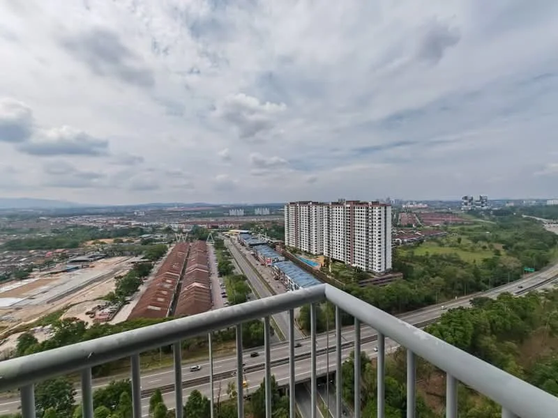 Exterior type: high-rise condominium; features: city skyline view, surrounded by greenery, adjacent to highway, multiple residential buildings, urban landscape, open space, roadway visible; style: modern.
