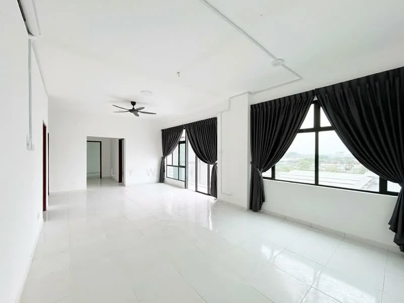 Living features: white painted walls, polished ceramic tile flooring, 5-blade ceiling fan with light, floor-to-ceiling windows, blackout curtains, natural light from windows, open layout, city view; style: modern; view: city. Room features: white painted walls, polished ceramic tile flooring, open layout.