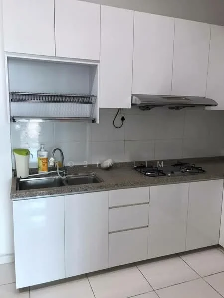 Kitchen features: white cabinetry, granite countertop, stainless-steel sink, chrome pull-down faucet, 2-burner gas hob, built-in range hood, open shelving above sink, tile flooring; style: modern.