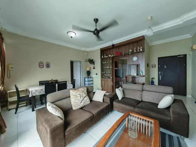Living features: 2-seater fabric sofa in brown, 3-seater fabric sofa in dark brown, glass coffee table, ceiling fan, recessed downlights, cream painted walls, white tiled flooring, wooden shelving unit, decorative wall clock, wall-mounted TV, dining table with black chairs, window with sheer curtains; style: modern.