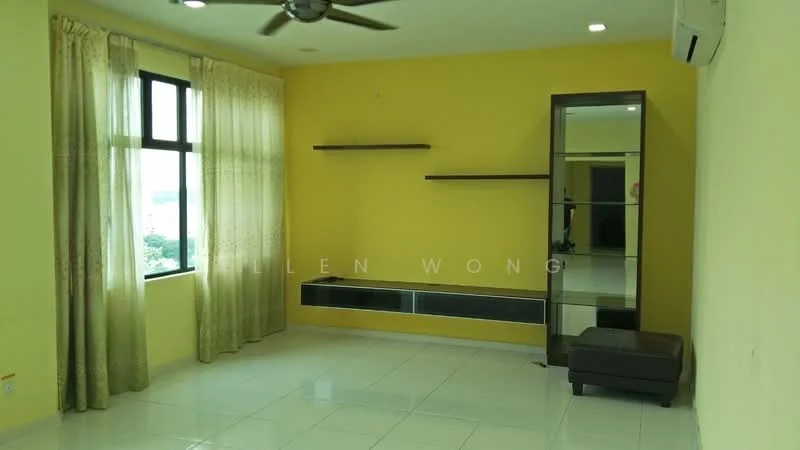 Living features: yellow painted walls, white ceiling, floor-to-ceiling windows, sheer curtains, ceramic tile flooring, ceiling fan, wall-mounted shelves, built-in cabinet with mirror, sofa, air conditioning unit; style: modern; view: city.