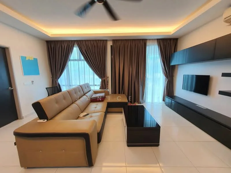 Living features: L-shape sectional sofa in beige, black coffee table, wall-mounted TV, black entertainment unit, floor-to-ceiling windows, sheer curtains, dark wood accent wall, recessed LED downlights, white tiled flooring, ceiling fan; style: modern.