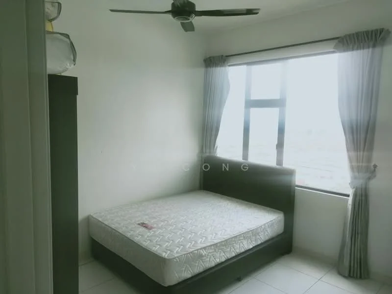Bedroom features: queen-size bed, light grey upholstered bed frame, white mattress, floor-to-ceiling window, sheer curtains, ceiling fan, white painted walls, tile flooring; style: modern; view: city.