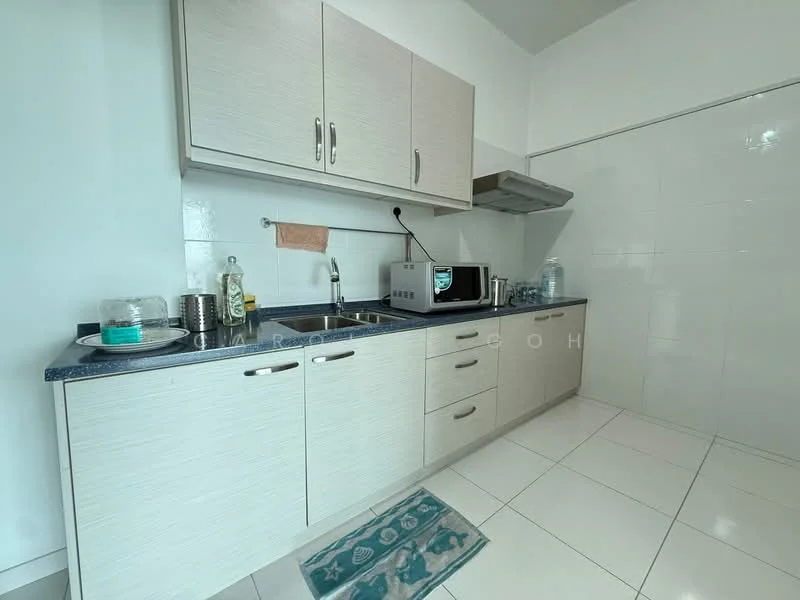 Kitchen features: light wood cabinetry, blue countertop, stainless-steel sink, chrome faucet, built-in microwave, freestanding range oven, white tiled backsplash, white tiled flooring, under-cabinet lighting, kitchen towel hanging, decorative rug; style: modern.