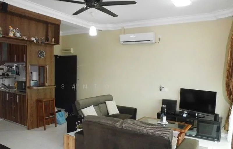Living features: 3-seater fabric sofa in grey, coffee table, wall-mounted TV, TV console, ceiling fan, 1 wall-mounted split AC, cream painted walls, white ceiling with crown moulding, tile flooring, decorative wall clock, open shelving unit, window with curtain treatments; style: modern. Kitchen features: kitchen counter with wooden cabinetry, stainless-steel sink, built-in oven, freestanding range oven, microwave, refrigerator, ceramic tile backsplash; style: modern.