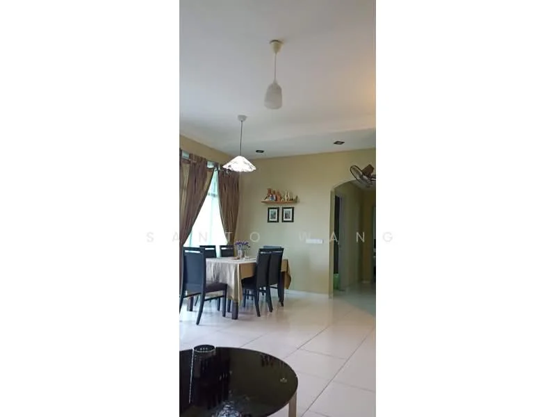 Dining features: round dining table, upholstered dining chairs, chandelier, pendant light, cream painted walls, white tiled flooring, floor-to-ceiling windows with sheer curtains, decorative wall art, ceiling fan; style: modern.